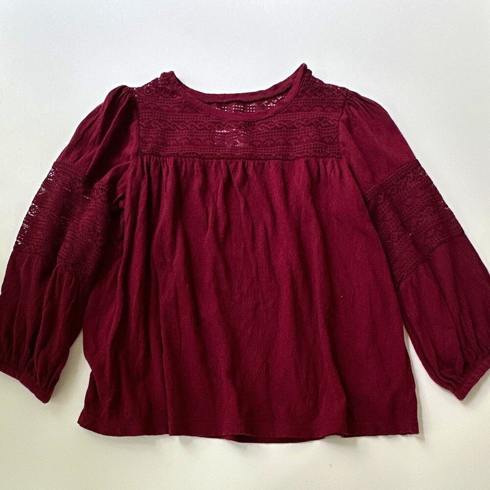 Old Navy Girls XL Blouse Burgundy Lace Yoke 3/4 Puff Sleeve Round Neck size 14